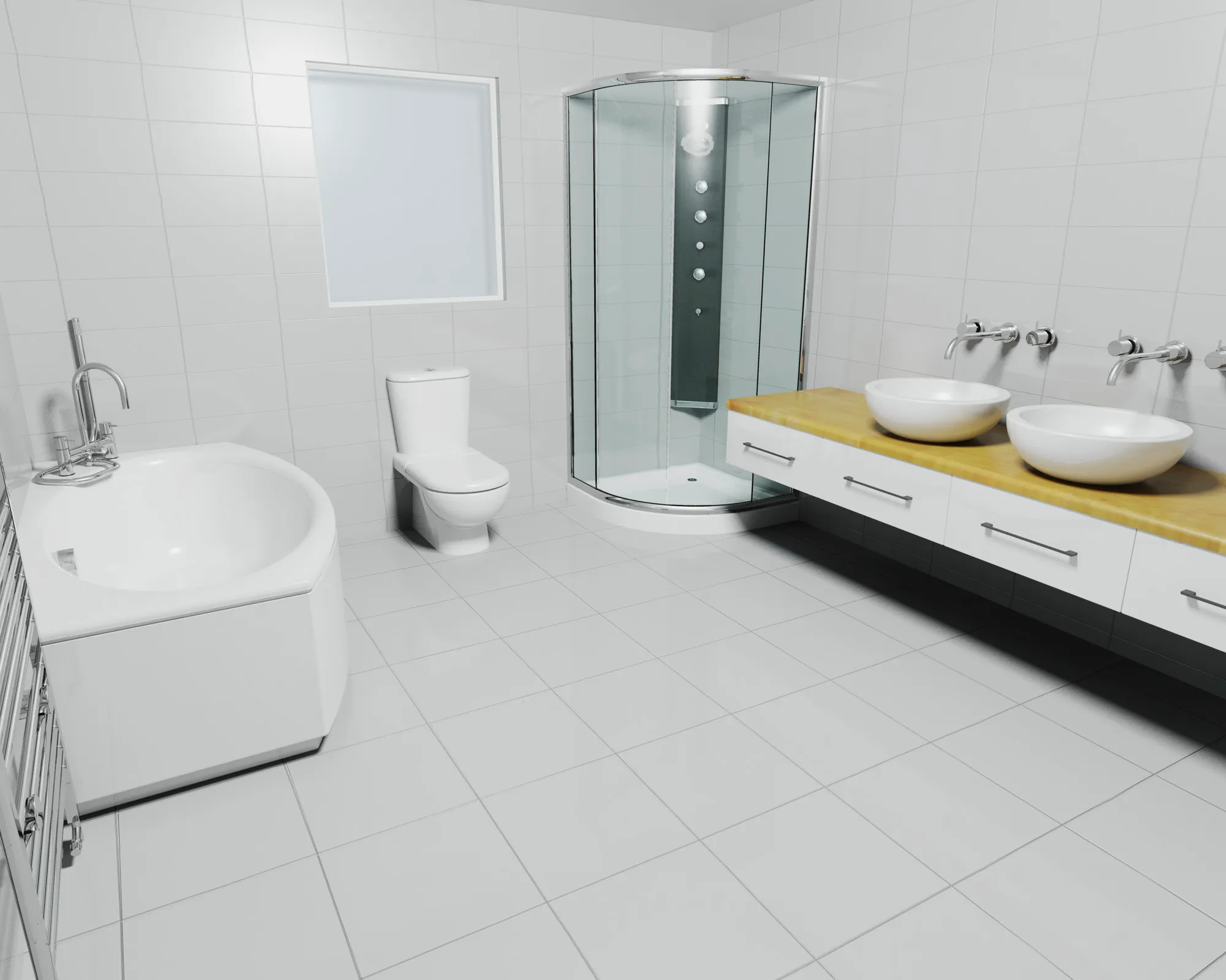 Modern bathroom featuring a shower, bathtub, and sinks.