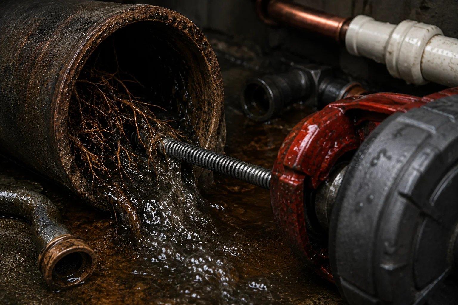 A clogged pipe showing roots and water flow.