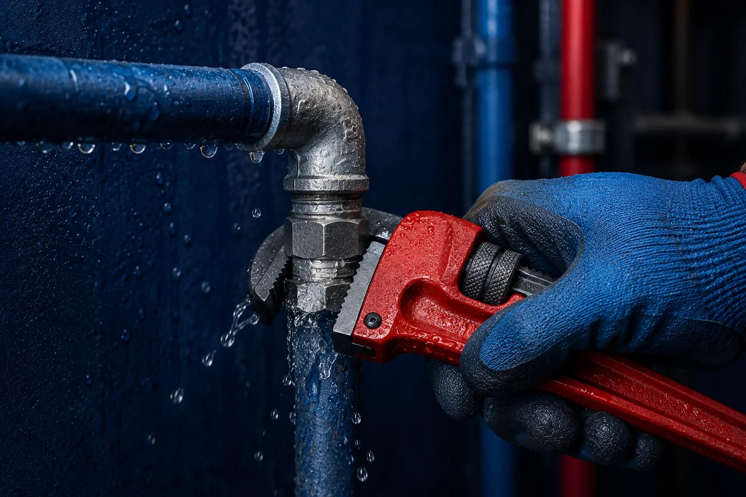 A plumber repairing a leaking pipe with a wrench.